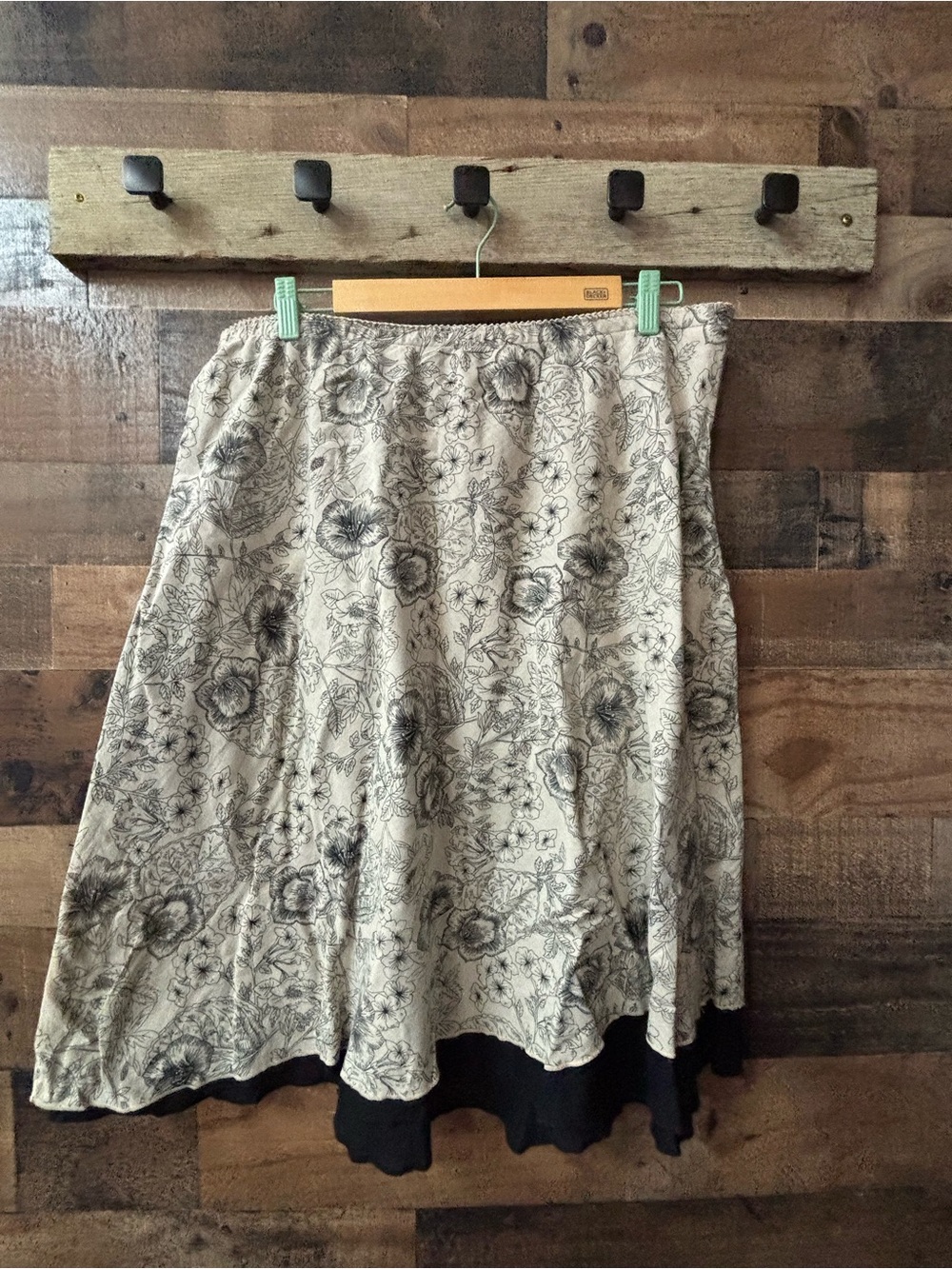 J. Jill Cream Floral A-Line Skirt with Black Layered Hem